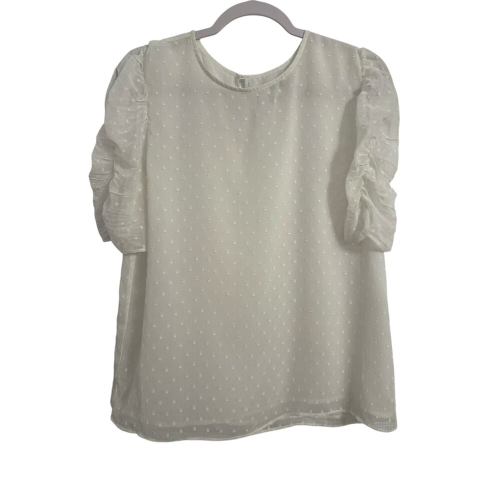 Ann Taylor Women's‎ M Clean Girl Swiss Dot Short Puff Sleeve Lined White Blouse